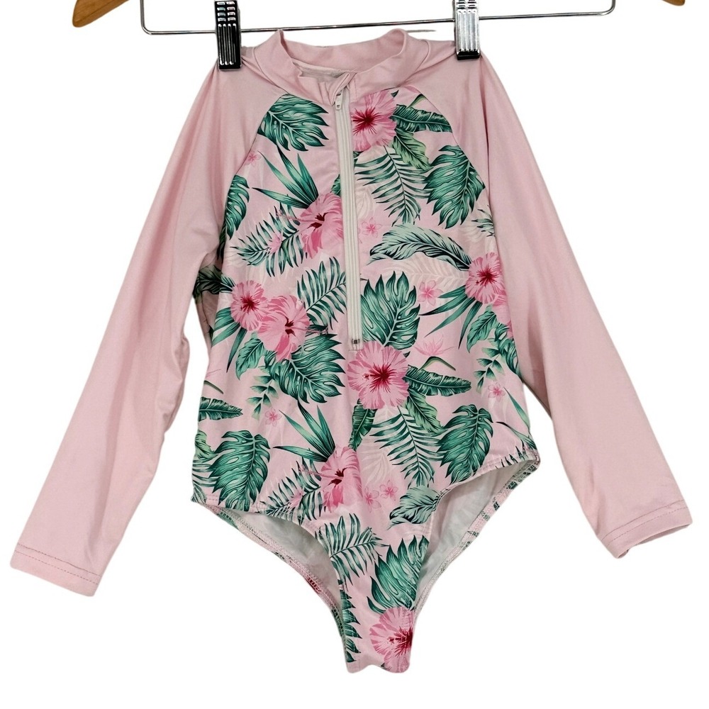 Girls Pink Tropical Hibiscus Long Sleeve Rash Guard One Piece Swimsuit Size 7/8